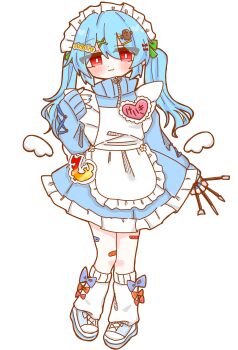 1girl :3 absurdres alternate_costume alternate_hairstyle anzu_cha709 apron bandaid blue_dress blue_jacket blue_shoes blush blush_stickers bow clothing_request dress footwear_bow hair_between_eyes hair_ornament haniyasushin_keiki highres holding holding_tool jacket long_hair long_sleeves looking_at_viewer maid maid_apron maid_headdress red_eyes shoes simple_background socks solo standing touhou white_apron white_background white_socks wily_beast_and_weakest_creature zipper