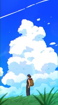1boy backpack bag bandana black_hair black_pants blue_sky brown_bag closed_umbrella cloud contrail cumulonimbus_cloud from_side grass hibiki_ryouga highres on_grass outdoors pants ranma_1/2 red_umbrella short_hair sky solo umbrella wanta_(futoshi) yellow_bandana
