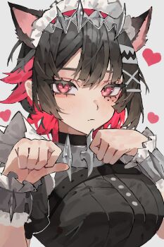 1girl absurdres animal_ear_fluff animal_ear_hairband animal_ears black_hair blush breasts cat_ear_hairband cat_ears closed_mouth colored_inner_hair commentary_request ellen_joe fake_animal_ears frilled_wristband grey_background hairband heart heart_in_eye highres large_breasts looking_at_viewer maid maid_headdress metal_hairband mole mole_under_eye multicolored_hair paw_pose razor_blade_hair_ornament shark_girl short_hair solo spiked_headband symbol_in_eye upper_body walk43049101art zenless_zone_zero