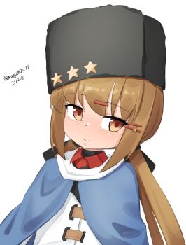 1girl absurdres black_hat blue_shawl brown_eyes brown_hair commentary_request dated fur_hat hair_ornament hairclip hammer_and_sickle hat highres kantai_collection long_hair low_twintails maru_(marg0613) one-hour_drawing_challenge papakha scarf shawl simple_background solo star_ornament tashkent_(kancolle) twintails twitter_username upper_body white_background white_scarf