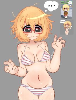 ... 1girl 67_(meme) :< bikini black_eyes blonde_hair breasts bright_pupils cameltoe closed_mouth cola_(kibyland) collarbone corrupted_twitter_file glasses grey_background hands_up kibyland light_blush medium_breasts meme messy_hair mii_(nintendo) navel nintendo original pipo_(pipochipzz) red-framed_eyewear reference_inset reference_sheet short_hair simple_background skindentation solo speech_bubble spoken_ellipsis striped_bikini striped_clothes swimsuit thighs tomodachi_life tomodachi_life:_living_the_dream twitter_username white_pupils