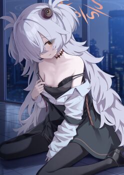 1girl bare_shoulders black_choker black_eyes black_pantyhose blue_archive bra breasts brown_eyes brown_halo building choker dress grey_hair hair_bobbles hair_ornament halo highres indoors kanoe_(blue_archive) long_hair multicolored_eyes one_eye_covered pantyhose pinafore_dress shoes short_twintails sitting sleeveless sleeveless_dress small_breasts solo takashima_shoa twintails two-tone_eyes underwear undressing