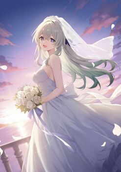 Rule 34 | 1girl, absurdres, alternate costume, bare shoulders, bouquet, breasts, cloud, colored tips, commentary request, dress, firefly (honkai: star rail), flower, grey hair, highres, holding, holding bouquet, honkai: star rail, honkai (series), komugirakko, long hair, looking at viewer, medium breasts, multicolored hair, open mouth, purple eyes, purple sky, sky, solo, strapless, strapless dress, veil, wedding dress, white flower, white veil