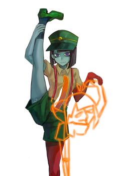 1girl black_hair blunt_bangs blunt_ends bob_cut colored_skin commentary ena:_dream_bbq ena_(dream_bbq) ena_(series) ena_(species) green_hat hangover_ena hat highres hole_on_body looking_at_viewer meanie_ena multicolored_skin red_skin shirt short_sleeves simple_background symbol-only_commentary two-tone_skin usagimarumei