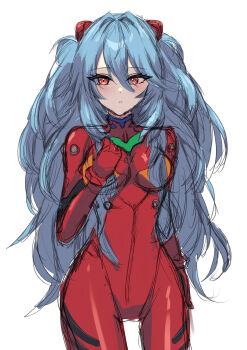 Rule 34 | 1girl, absurdres, alternate hair length, alternate hairstyle, ayanami rei, blue hair, bodysuit, borrowed hairstyle, breasts, commentary, cosplay, cowboy shot, english commentary, hair between eyes, hand up, highres, interface headset (evangelion), long hair, looking at viewer, mecha pilot suit, medium breasts, neon genesis evangelion, plugsuit (evangelion), raijinrai, red bodysuit, red eyes, sketch, solo, souryuu asuka langley, souryuu asuka langley (cosplay), two side up, very long hair
