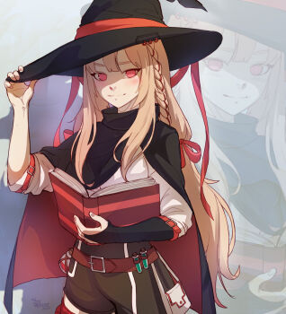 1girl adjusting_clothes adjusting_headwear afterimage belt black_cape black_gloves black_hat blonde_hair book bottle braid bridal_gauntlets brown_belt cape commentary commission dated english_commentary fox_rabiscos gloves green_shorts hair_ribbon hat holding holding_book long_hair looking_at_viewer open_book original pointy_hat potion red_eyes red_ribbon ribbon shirt shorts side_braid signature solo standing test_tube white_shirt witch witch_hat