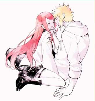 1boy 1girl black_boots black_pants black_shorts blonde_hair blush boots breasts closed_eyes couple fishnet_shorts full_body hair_between_eyes hair_ornament hairclip hand_on_another&#039;s_chin hetero highres holding_hands hood hood_down hoodie jacket laughing long_hair medium_breasts namikaze_minato naruto_(series) open-toe_boots open_mouth pants parted_lips red_hair short_hair shorts smile straight_hair swept_bangs ting uzumaki_kushina white_background white_hoodie white_jacket