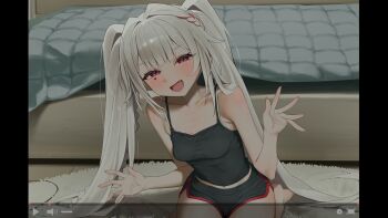 1girl absurdres bed bed_sheet black_camisole black_shorts breasts camisole commentary dated_commentary dolphin_shorts fake_screenshot highres honkai:_star_rail honkai_(series) indoors long_hair looking_at_viewer medium_breasts open_mouth purple_eyes shorts smile solo sparkle_(honkai:_star_rail) sparxie_(honkai:_star_rail) syhan thighs twintails very_long_hair white_hair