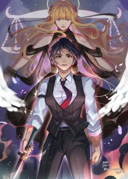 2girls absurdres balance_scale belt black_dress black_vest blonde_hair blunt_bangs clothing_cutout collared_shirt curtained_hair dress feathered_wings floating_hair glowing green_eyes hair_bun halo halo_behind_head halter_dress halterneck highres holding holding_sword holding_weapon jung_heewon looking_at_viewer multiple_girls necktie omniscient_reader&#039;s_viewpoint red_eyes red_necktie saihachi06 serious shirt shoulder_cutout sidelocks sleeves_rolled_up standing sword uriel_(omniscient_reader&#039;s_viewpoint) vest weapon weighing_scale white_shirt white_wings wings