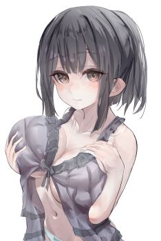 1girl absurdres alternate_breast_size_(larger) babydoll bare_shoulders black_hair blush breasts brown_eyes cleavage fate/kaleid_liner_prisma_illya fate_(series) grey_babydoll highres large_breasts long_hair looking_at_viewer miyu_edelfelt navel oppai_loli panties ponytail solo unaligned_breasts underwear white_panties zasyuu_11