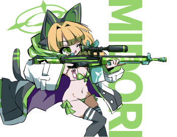 1girl aiming animal_ear_headphones animal_ears bikini black_thighhighs blonde_hair blue_archive breasts cat_ear_headphones cat_ears cat_tail character_name coat commentary_request fake_animal_ears fake_tail green_bikini green_eyes green_halo green_ribbon groin gun hair_intakes halo headphones highres lowleg lowleg_bikini micro_bikini midori_(blue_archive) muu_rian navel one_eye_closed open_mouth ribbon rifle scope short_hair side-tie_bikini_bottom small_breasts solo swimsuit tail thighhighs thighs weapon white_coat