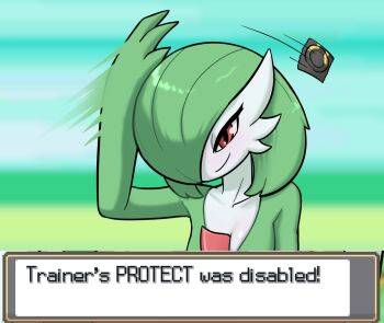 1girl artist_request bob_cut colored_skin condom condom_wrapper gardevoir gen_3_pokemon green_hair highres nintendo non-web_source pokemon smug throwing white_skin