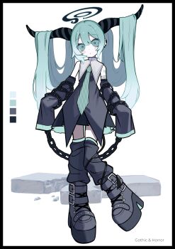 1girl absurdres aqua_eyes aqua_hair aqua_necktie black_boots black_border black_dress black_halo black_horns black_leg_warmers black_skirt black_sleeves blush_stickers boots border chain closed_mouth color_guide commentary cosplay demon_horns detached_sleeves dress earrings english_commentary full_body hair_between_eyes halo hatsune_miku highres hololive holox horns jewelry la+_darknesss la+_darknesss_(cosplay) leg_warmers long_hair looking_at_viewer mishio_(misio_40) necktie number_tattoo shoulder_tattoo simple_background skirt sleeves_past_fingers sleeves_past_wrists solo striped_horns tattoo very_long_hair virtual_youtuber vocaloid white_background