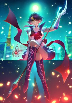 1girl arm_support artist_logo back_bow bishoujo_senshi_sailor_moon black_hair boots bow bowtie breasts cherry_in_the_sun choker cinder_fall cityscape clip_studio_paint_(medium) collarbone commentary cosplay crossed_legs crossover elbow_gloves english_commentary full_moon glaive_(polearm) gloves hair_over_one_eye knee_boots lace-up_boots logo looking_at_viewer magical_girl miniskirt moon night night_sky parted_lips polearm purple_boots purple_choker purple_sailor_collar purple_skirt red_bow red_bowtie rwby sailor_collar sailor_saturn sailor_saturn_(cosplay) sailor_shirt shirt short_hair silence_glaive sitting skirt sky solo star_(symbol) star_choker tokyo_tower weapon white_gloves yellow_eyes