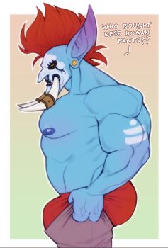 1boy alternate_facial_hair ass bara blue_skin bulge bulge_lift colored_skin cowboy_shot dressing english_text facepaint facial_hair fewer_digits from_side highres i've_never_seen_a_guy_recreate_this_successfully_tbh_(meme) large_pectorals leelikessmut long_tusks male_focus mature_male meme monster_boy muscular muscular_male nipples open_pants orange_hair pants pants_lift pectorals pointy_ears short_hair solo sparse_stubble spiked_hair standing strongman_waist topless_male tribal troll_(warcraft) vol'jin warcraft world_of_warcraft