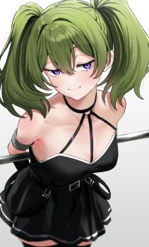 Rule 34 | 1girl, alternate hairstyle, arm strap, armpits, bare shoulders, belt, black belt, black choker, black dress, blush, choker, collarbone, dot nose, dress, green hair, hair intakes, halterneck, highres, leaning forward, looking at viewer, mage staff, o-ring, o-ring choker, pleated dress, purple eyes, seductive smile, short dress, simple background, smile, solo, sousou no frieren, staff, suspenders hanging, totoki86, twintails, ubel (sousou no frieren), white background