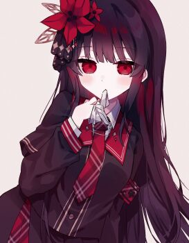 1girl biting biting_glove black_hair black_shirt blush commentary_request flower gloves hair_flower hair_ornament haruno_ichigo highres long_hair long_sleeves looking_at_viewer mahou_shoujo_no_majo_saiban multicolored_hair necktie nikaido_hiro red_eyes red_flower red_hair red_necktie shirt simple_background solo two-tone_hair white_background white_gloves