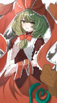1girl absurdres arm_ribbon chinese_commentary closed_mouth commentary_request cowboy_shot dress front_ponytail green_hair hair_ribbon highres kagiyama_hina looking_at_viewer own_hands_together red_dress red_ribbon ribbon smile solo touhou zhufenghg