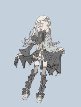 1girl belt belt_pouch black_belt black_leg_warmers black_shirt black_skirt blonde_hair blue_background blush bouryoku_hantai closed_mouth collared_shirt colored_eyelashes commentary_request contrast_(idolmaster) detached_sleeves earrings flipped_hair floral_print full_body gakuen_idolmaster gradient_hair grey_hair grey_sleeves hair_ornament hairclip half-closed_eyes highres idolmaster jewelry leg_belt leg_warmers long_hair long_sleeves looking_down midriff_peek multicolored_hair multicolored_shirt multicolored_shorts orange_eyes parallel_hairclips platform_shoes pleated_skirt pouch shinosawa_hiro shirt shoes shorts showgirl_skirt simple_background single_detached_sleeve single_sleeve skirt skirt_hold solo standing stud_earrings white_shoes x_hair_ornament