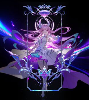 Rule 34 | 1girl, absurdres, bare shoulders, blue hair, breasts, commentary, cyrene (demiurge) (honkai: star rail), cyrene (honkai: star rail), dress, english commentary, flower, full body, gradient hair, hair flower, hair intakes, hair ornament, halo, halo behind head, hand up, highres, honkai: star rail, honkai (series), jewelry, large breasts, long hair, looking at viewer, mooooong1008, multicolored hair, parted lips, pink eyes, pink hair, purple flower, purple rose, ring, rose, smile, solo, very long hair, white dress