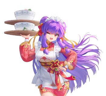 1girl ;d apron bowl chinese_clothes cowboy_shot eyeshadow food hand_on_own_hip holding holding_food houchi_shoujo long_hair maid maid_apron makeup noodles official_art one_eye_closed open_mouth pale_skin purple_hair ramen ranma_1/2 red_eyes red_eyeshadow shampoo_(ranma_1/2) smile solo very_long_hair waitress