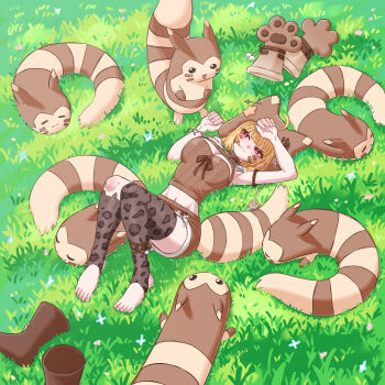 Rule 34 | 1girl, :3, absurdres, ahoge, animal hood, animal print, ankle boots, barefoot, blonde hair, blush, boots, bracelet, breasts, brown boots, brown shorts, chobeog, cleavage, commentary, creature and personification, crossover, evolutionary line, facial mark, feet, furret, gen 2 pokemon, grass, highres, hood, jewelry, jingburger, korean commentary, large breasts, leopard print, lying, midriff, navel, nintendo, on back, on ground, outdoors, personification, pokemon, pokemon (creature), red eyes, shoes, short hair, short shorts, shorts, stirrup legwear, tail, thighhighs, toeless legwear, toes, unworn boots, unworn shoes, virtual youtuber, waktaverse, whisker markings