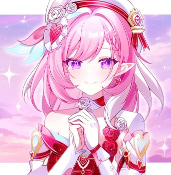 1girl beret breasts diamond-shaped_pupils diamond_(shape) dress earrings elf elysia_(hi_love_elf)_(honkai_impact) elysia_(honkai_impact) gloves hat heart heart_earrings highres honkai_(series) honkai_impact_3rd jewelry large_breasts long_hair looking_at_viewer multicolored_hair own_hands_together pink_hair pointy_ears purple_eyes red_dress single_glove smile solo su_jiujiu symbol-shaped_pupils textless_version two-tone_hair upper_body very_long_hair white_gloves white_hair