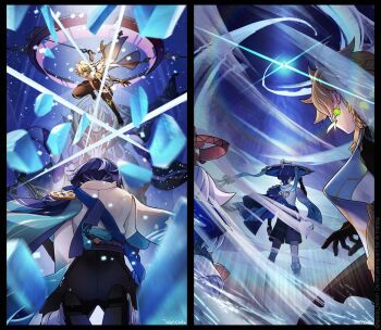 1girl 2boys aether_(genshin_impact) ahoge anemo_symbol_(genshin_impact) animal_print apollo_hotori aqua_gemstone armor belt bird_print black_belt black_pants black_sandals black_shorts blonde_hair blue_cape blue_hat blunt_ends braid cape capelet clenched_hand dated debris dual_persona dull_blade_(genshin_impact) earrings facing_another feather_earrings feathers floating_gem furisode gem genshin_impact glint glowing_gem gold gold_trim green_gemstone hair_over_one_eye halo hat highres holding holding_sword holding_weapon indoors japanese_clothes jewelry jingasa kimono kneeling leg_warmers long_hair looking_at_another low-braided_long_hair low-tied_long_hair mecha mechanical_halo multiple_boys open_hand paimon_(genshin_impact) pants pauldrons purple_hair purple_halo purple_rope purple_sash red_halo robot romper rope sandals sash scaramouche_(genshin_impact) scaramouche_(shouki_no_kami)_(genshin_impact) scarf scene_reference shorts shoulder_armor silhouette single_pauldron slashing standing sword tassel vambraces vision_(genshin_impact) wanderer_(genshin_impact) weapon white_capelet white_hair white_kimono white_leg_warmers white_romper white_scarf white_sleeves wind yellow_eyes zouri