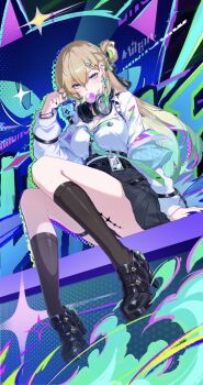 Rule 34 | 1girl, aqua necktie, artist name, black nails, black shoes, black skirt, black socks, blonde hair, blowing bubble gum, braid, braided bangs, breasts, charm (object), chewing gum, clang bang (wuthering waves), cleavage, clothes down, commentary, earrings, fingernails, full body, gradient hair, graffiti, green hair, hair between eyes, hair ornament, hand up, headphones, headphones around neck, high-waist skirt, highres, holding, holding charm, id card, jacket, jewelry, large breasts, long hair, looking at viewer, lynae (wuthering waves), mihan (mihan art), mole, mole on breast, multicolored hair, nail polish, necklace, necktie, no thigh strap, purple eyes, shirt, shirt tucked in, shoes, sitting, skirt, skull hair ornament, socks, solo, star (symbol), star earrings, streaked hair, tacet mark (wuthering waves), white jacket, white shirt, wuthering waves