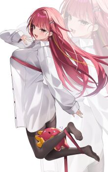 1girl absurdres akane_lize black_pantyhose blonde_hair breasts earrings fang floating_hair full_body grey_eyes hair_ornament hand_up hashtag-only_commentary highres jewelry jumping kithera long_hair long_sleeves looking_at_viewer multicolored_hair no_pants no_shoes open_mouth pantyhose red_hair shirt simple_background smile solo stellive streaked_hair thighband_pantyhose very_long_hair virtual_youtuber white_background white_shirt zoom_layer