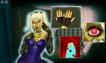 1girl amane_misa asian black_eyeshadow blonde_hair choker corset cross cross_earrings cross_necklace death_note dirty_hands earrings eyelashes eyeshadow fangs fingerless_gloves fingernails gloves goth_fashion grin heart highres ink jewelry lace lace_gloves lace_sleeves long_fingernails long_hair makeup margonika00 multicolored_hair necklace no_i&#039;m_not_a_human no_i&#039;m_not_a_human_(style) nose photo_(object) purple_corset realistic red_eyes red_lips red_nails rem_(death_note) ringed_eyes roots_(hair) runny_makeup sharp_fingernails shinigami shinigami_eyes_(death_note) smile smile_lines solo_focus two_side_up