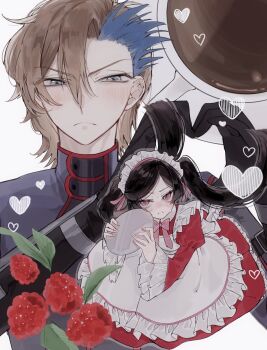 1boy 1girl apron ash_phoenix black_gloves black_hair blonde_hair blue_eyes blush bow bowtie closed_mouth code_geass code_geass:_dakkan_no_roze coffee coffee_mug commentary_request couple cup dress embarrassed formal_clothes frilled_dress frilled_sleeves frills gloves hands_up heart heart_hands highres holding holding_tray long_hair long_sleeves looking_to_the_side maid maid_apron maid_headdress mug multicolored_hair nervous nervous_sweating nose_blush oo_mo18 parted_bangs pink_bow pink_bowtie pink_nails plate purple_eyes short_hair simple_background streaked_hair suit sumeragi_sakuya sweat tray twintails white_background