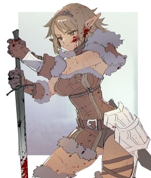 Rule 34 | 1girl, armor, belt, blonde hair, blood, blood on clothes, blood on face, blood on hands, bloody weapon, blue eyes, boots, brown belt, brown capelet, brown dress, brown gloves, capelet, dress, elf, elise (wizardry), fur-trimmed boots, fur-trimmed capelet, fur-trimmed dress, fur-trimmed gloves, fur trim, gloves, headband, holding, holding sword, holding weapon, leg belt, narita imomushi, pauldrons, pointy ears, scar, shoulder armor, simple background, single pauldron, solo, sword, weapon, white background, wizardry, wizardry variants daphne