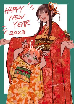 2023 2girls :d :o absurdres adoptive_parent_and_adoptive_child alternate_costume anya_(spy_x_family) black_hair black_sash blush border child commentary_request double_bun drawn_ears floral_print floral_print_kimono green_border green_eyes hair_bun hair_ornament happy_new_year highres japanese_clothes kimono long_hair long_sleeves looking_at_viewer mother_and_daughter multiple_girls new_year obi obiage obijime open_mouth outside_border peanuts_omr pink_hair print_kimono red_eyes sash sidelocks single_hair_bun smile spy_x_family standing tassel tassel_hair_ornament teeth twitter_username upper_teeth_only wide_sleeves yor_briar yukata