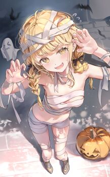 1girl bandages blonde_hair braid breasts claw_pose fang fujita_kotone gakuen_idolmaster highres idolmaster jack-o&#039;-lantern looking_at_viewer medium_breasts mojo_(mojoawa) naked_bandage navel open_mouth skin_fang solo twin_braids yellow_eyes
