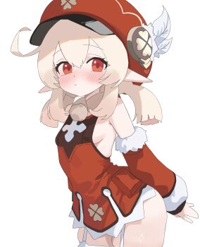 1girl adapted_costume ahoge alternate_costume armpit_crease arms_behind_back bare_shoulders blonde_hair blush breasts closed_mouth clover_print cowboy_shot detached_sleeves dot_mouth dress feathers garter_straps genshin_impact hair_between_eyes hat hat_feather hat_ornament klee_(genshin_impact) laceys_es leaning_forward loli long_hair long_sleeves looking_at_viewer low_twintails newsboy_cap pocket pointy_ears red_dress red_eyes short_dress sideboob sidelocks simple_background skindentation sleeveless small_breasts solo thighhighs thighs twintails white_background white_feathers white_thighhighs