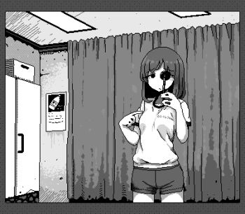 1girl border breasts closed_mouth covering_one_eye cowboy_shot crate curtains greyscale gym_uniform hamsterfragment hands_up holding indoors jaggy_lines lowres medium_breasts medium_hair monochrome original shirt short_shorts short_sleeves shorts solo shinohata_sachie_(hamsterfragment)