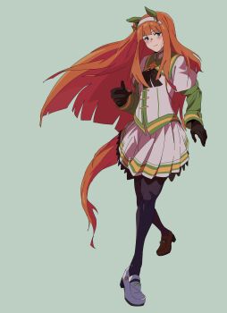 Rule 34 | 1girl, absurdres, animal ears, asymmetrical footwear, black bow, black bowtie, black gloves, black pantyhose, blue eyes, blunt bangs, blush, bow, bowtie, closed mouth, commentary request, ear covers, gloves, green eyes, green sailor collar, green sleeves, hairband, highres, hime cut, horse ears, horse girl, horse tail, long hair, long sleeves, looking at viewer, m7 (artist), mismatched footwear, orange hair, orange tail, pantyhose, sailor collar, shirt, shoes, silence suzuka (innocent silence) (umamusume), silence suzuka (umamusume), simple background, skirt, smile, solo, tail, umamusume, white hairband, white shirt, white skirt