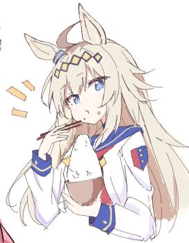 Rule 34 | 1girl, ahoge, akure1129, animal ears, blue eyes, blue sailor collar, bowl, brooch, chopsticks, ear ornament, eating, food, food on face, grey hair, holding, holding chopsticks, horse ears, horse girl, jewelry, looking at viewer, neckerchief, oguri cap (starlight beat) (umamusume), oguri cap (umamusume), red neckerchief, rice bowl, sailor collar, sketch, solo, star brooch, surprised, umamusume