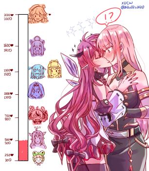 !? 6+girls absurdres ahoge animal_ears belt black_dress black_thighhighs breasts cleavage closed_eyes deerstalker dress energy_wings frog_hat gawr_gura hair_intakes hakos_baelz halo hand_on_another&#039;s_shoulder hat heart highres hololive hololive_english horns irys_(hololive) kiss kiss_chart large_breasts long_hair mori_calliope mouse_ears multiple_drawing_challenge multiple_girls ninomae_ina&#039;nis open_mouth ouro_kronii parted_lips pink_hair pointy_ears purple_hair red_eyes sharp_teeth simple_background smile spoken_interrobang takanashi_kiara teeth tentacle_hair thighhighs two_side_up virtual_youtuber watson_amelia white_background white_dress xu_chin-wen yuri