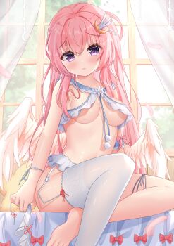 1girl angel_wings bare_arms bare_shoulders barefoot blush bracelet breasts commentary_request curtains falling_feathers feathered_wings feathers foot_out_of_frame garter_belt hair_ornament highres hiyada_yuu indoors jewelry long_hair looking_at_viewer medium_breasts moe2021 no_bra no_panties original pink_hair pom_pom_(clothes) purple_eyes revealing_clothes revision single_thighhigh sitting solo stomach thighhighs underwear underwear_only white_thighhighs window wings