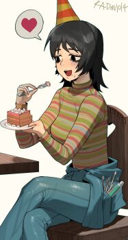 1girl absurdres anya_(mouthwashing) bags_under_eyes birthday_cake black_eyes black_hair blush breasts cake cake_slice chair commentary food fork happy hat heart highres holding holding_fork holding_plate large_breasts long_sleeves mouthwashing on_chair open_mouth party_hat plate radon86_nya shirt short_hair simple_background sitting speech_bubble striped_clothes striped_shirt table thought_bubble toothbrush toothpaste turtleneck untranslatable_commentary