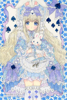 Rule 34 | 1girl, animal ears, blonde hair, blue dress, blue eyes, commentary request, dress, feet out of frame, frilled dress, frills, gloves, hisakata (hisa nn), long hair, looking at viewer, original, rabbit, rabbit ears, spade (shape), standing, thighhighs, wavy hair, white gloves, white thighhighs