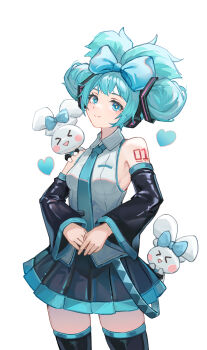 1girl :&gt; absurdres black_skirt black_sleeves black_thighhighs blue_bow blue_eyes blue_hair blue_necktie blush_stickers bow breasts cinnamiku cinnamoroll closed_eyes closed_mouth collared_shirt commentary_request crossover detached_sleeves fuwa_fuwa_cinnamoroll hair_bow hatsune_miku headphones heart highres long_sleeves luojiwei necktie pleated_skirt sanrio shirt simple_background skindentation skirt sleeveless sleeveless_shirt small_breasts standing thighhighs triangle_mouth vocaloid white_background white_shirt wide_sleeves
