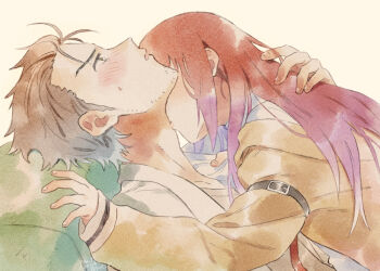 1boy 1girl black_hair blush brown_hair commentary_request couple facial_hair hetero jacket kiss kissing_neck lab_coat long_hair long_sleeves makise_kurisu okabe_rintarou open_clothes open_jacket parted_lips revision rocni science_adventure shirt sleeves_past_wrists steins;gate stubble upper_body