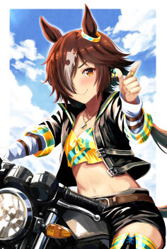 Rule 34 | 1girl, absurdres, animal ears, belt, black jacket, black shorts, black thighhighs, blue sky, blush, breasts, brown belt, brown eyes, brown hair, closed mouth, cloud, commentary request, crop top, hair over one eye, highres, horse ears, horse girl, horse tail, jacket, long hair, long sleeves, looking at viewer, midriff, motor vehicle, motorcycle, multicolored hair, navel, on motorcycle, ponytail, shirt, shorts, sky, small breasts, smile, solo, stopwatch, stopwatch around neck, tail, thighhighs, umamusume, vodka (umamusume), vodka (wild top gear) (umamusume), watch, white hair, ya-ya