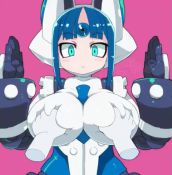 1girl 1other 20s android animated aqua_eyes blue_hair breast_massage breasts disembodied_hand disgaea expressionless female_focus forehead_jewel grabbing_another's_breast groping heart helmet japanese_text joints large_breasts looking_at_viewer looping_animation makai_senki_disgaea_6 mecha_girl_(disgaea) outstretched_arms pink_background resized robot_joints short_hair sidelocks simple_background solo_focus spread_arms standing staring upper_body upscaled video zankuro