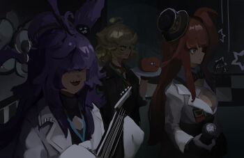 3girls absurdres ago_(owenanaken) black_jacket blonde_hair breasts check_copyright cleavage copyright_request covered_eyes creator_connection daiya_fortuna dark dokibird dokibird_(bounty_hunter) dokibird_(tomato) dr.nova(e) dr.nova(e)_(1st_costume) five_nights_at_freddy&#039;s from_side hair_over_eyes hat highres indie_virtual_youtuber indoors jacket lab_coat large_breasts long_hair medium_hair mini_hat multiple_girls pixellink purple_hair red_hair sharp_teeth teeth upper_body v4mirai virtual_youtuber white_jacket