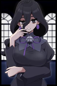1girl absurdres alternate_breast_size_(larger) arm_under_breasts black_dress black_hair breasts dress earrings hair_between_eyes half-closed_eyes hex_maniac_(pokemon) hex_maniac_(pokemon_legends:_z-a) highres jewelry juliet_sleeves large_breasts long_hair long_sleeves looking_at_viewer neck_ribbon nintendo open_mouth parted_lips pokemon pokemon_legends:_z-a puffy_sleeves purple_ribbon ribbon seductive_gaze seductive_smile shabana_may smile solo teeth upper_body
