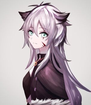 1girl animal_ears aqua_eyes arknights black_jacket closed_mouth commentary expressionless facial_scar grey_background grey_hair hair_between_eyes highres jacket lappland_(arknights) lappland_(refined_horrormare)_(arknights) long_hair looking_at_viewer official_alternate_costume scar scar_across_eye scar_on_cheek scar_on_face simple_background solo split_mouth staring upper_body wolf_ears wolf_girl yoi_(a27963244)
